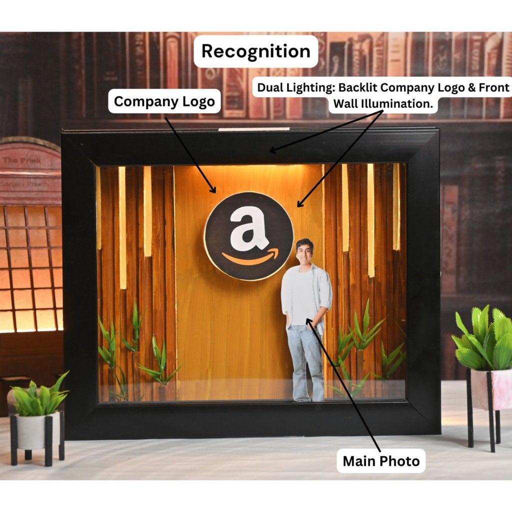 A framed display features a company logo and cutout of a person against a wooden backdrop. Green plants sit at the bottom, with warm lighting above.
